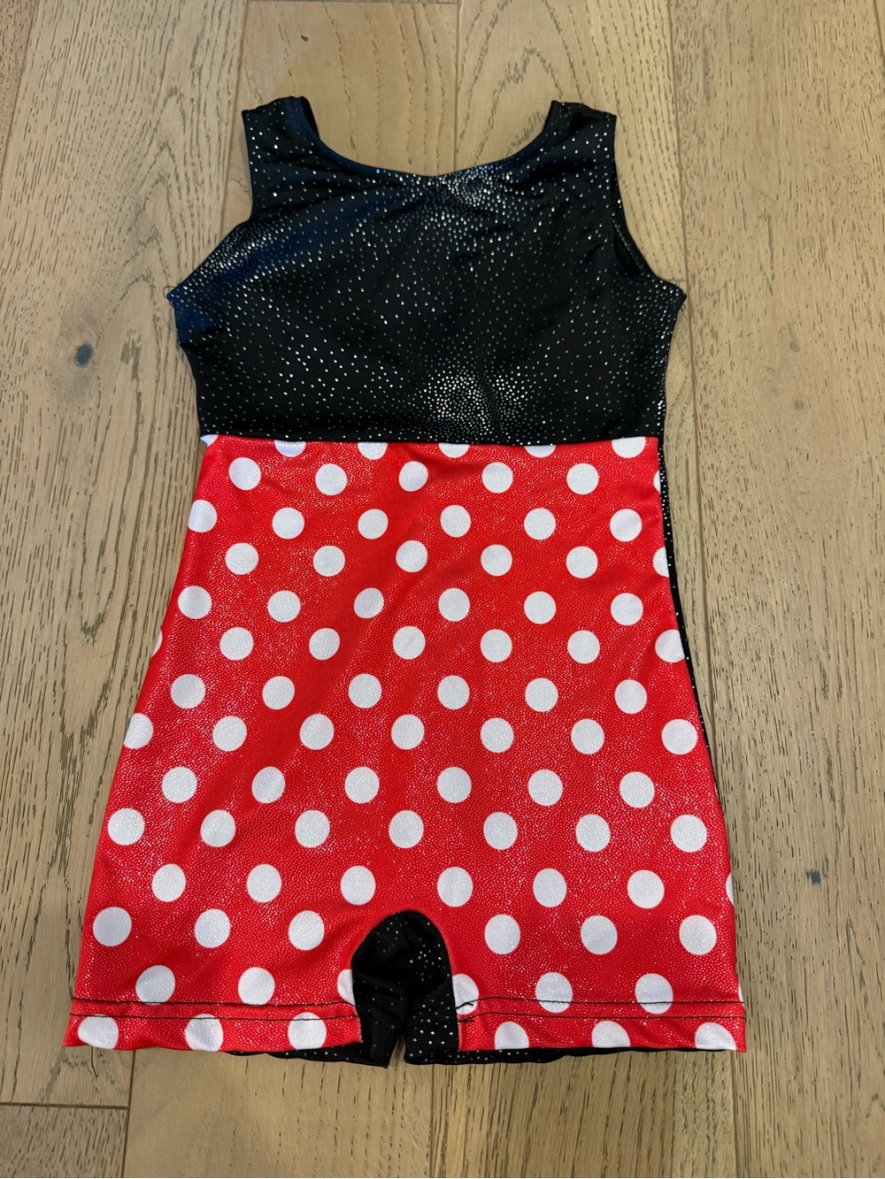 Girls Gymnastics Biketard Leotard Red Polka Dot Black Sparkle Minnie Style